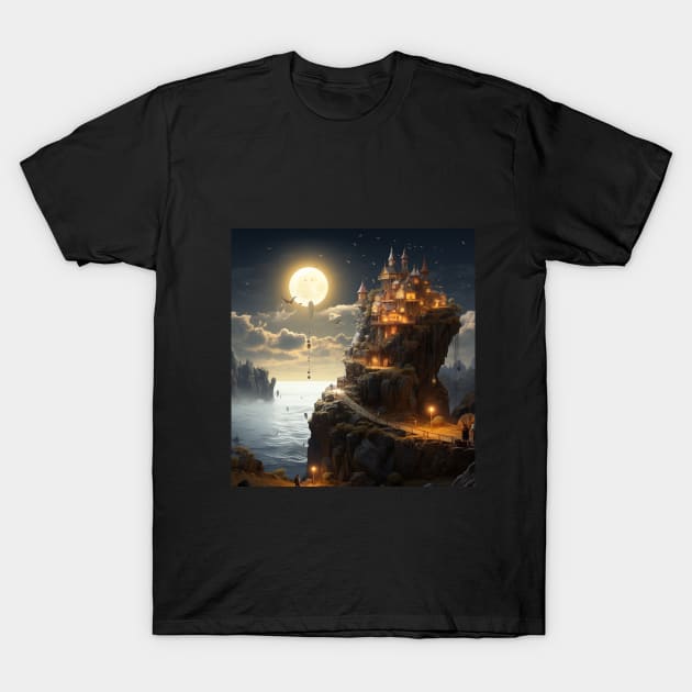 "Moonlit Cliffside Castle: A Majestic Nighttime Fantasy Escape" T-Shirt by Kinda Sorta